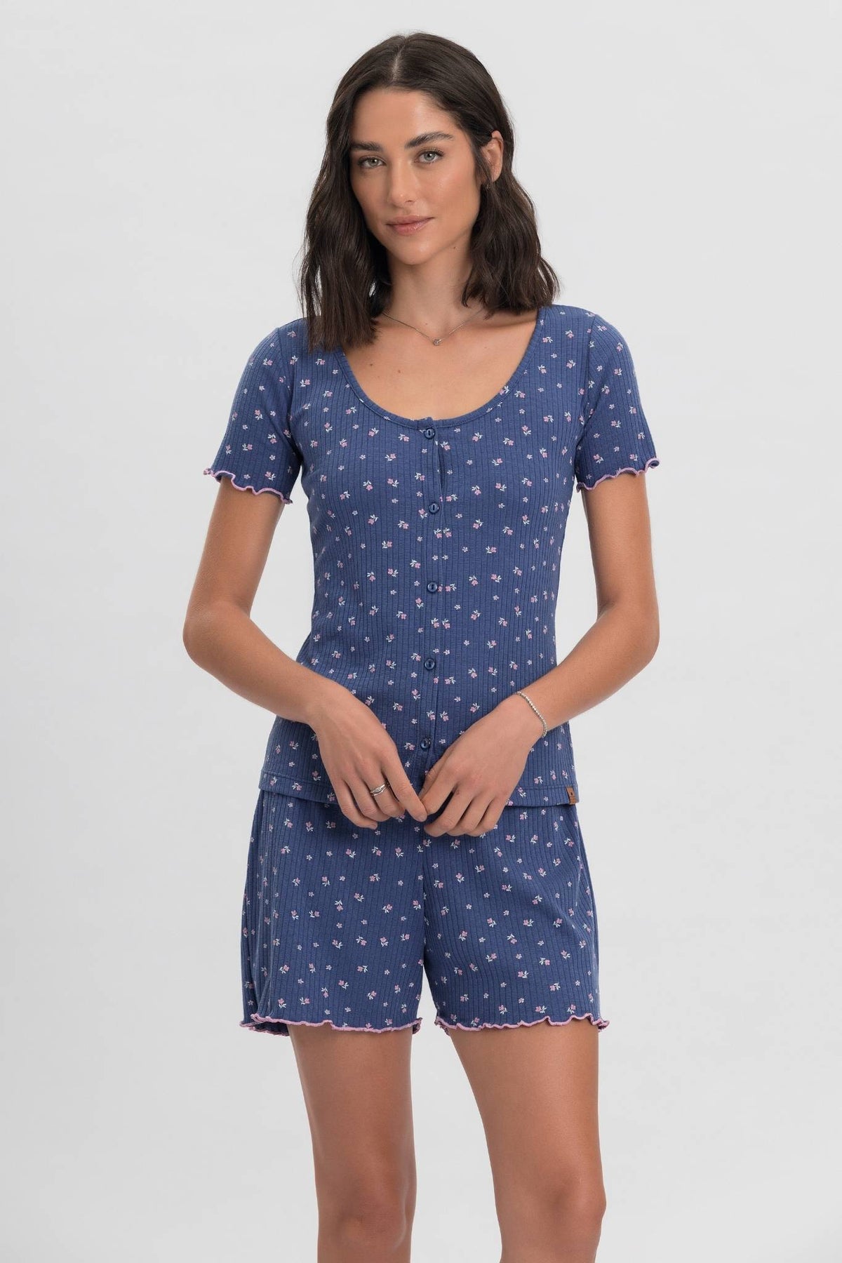 Pijama Manga Curta Feminino Azul com Estampa Floral