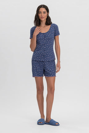 Pijama Manga Curta Feminino Azul com Estampa Floral