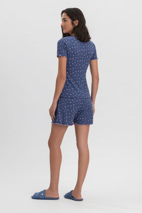 Pijama Manga Curta Feminino Azul com Estampa Floral