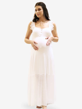 Camisola Longa Amamentação em Viscolycra Off-White e Renda Laise